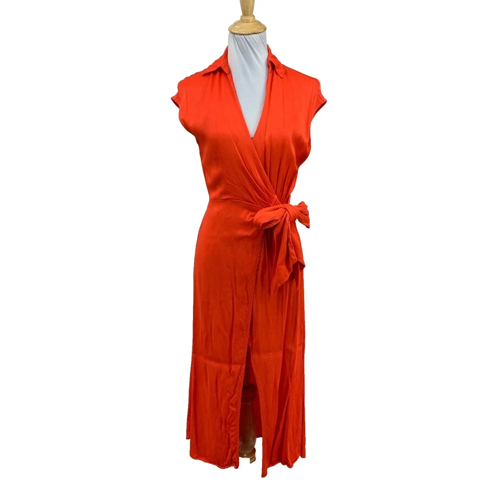 Maeve Dress Womens XS Extra Small Coral Open Back Satin Faux Wrap Tie Waist Midi